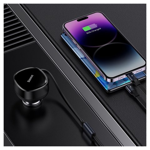 Автомобильное зарядное устройство Baseus Enjoyment Retractable 2-in-1, черное, Quick Charge, c кабелем, 30 Вт, 12-24 B, #CGTX000001 Превью 1