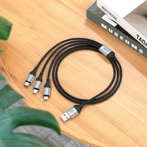 USB кабель Hoco X102, USB тип-C, USB тип-A, micro-USB тип-B, Lightning, 100 см, 2,4 А, черный, в нейлоновой оплетке, 3 в 1, #5942007608794 Превью 2